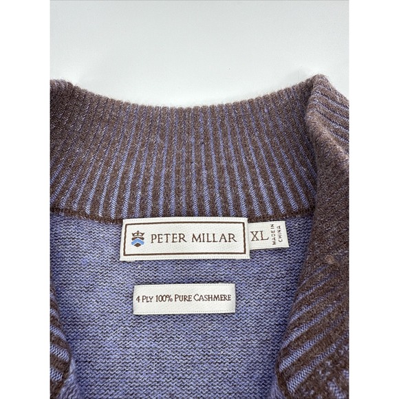 Peter Millar 4 Ply Cashmere Sweater Men's XL Brown Blue Trim Soft Knit - Picture 8 of 10